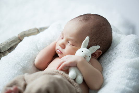 Baby Shower gift Blog. Newborn baby holding a soft toy. Baby is cradled in a bassinet, sleeping.