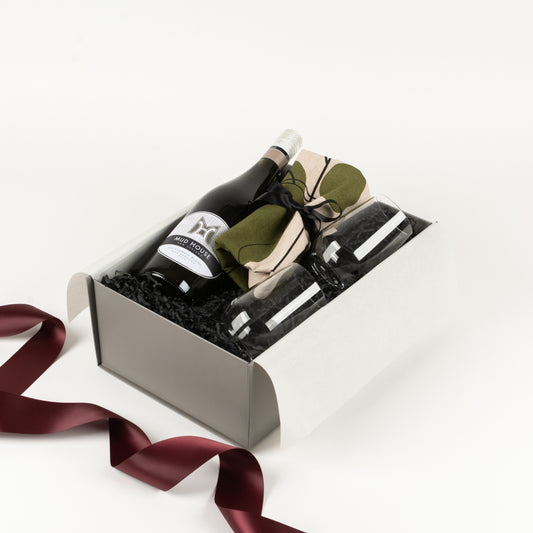 2 Glasses, wine and quality tea towel presented in a gift box.