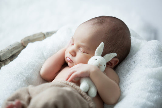 Baby Shower gift Blog. Newborn baby holding a soft toy.  Baby is cradled in a bassinet, sleeping. 