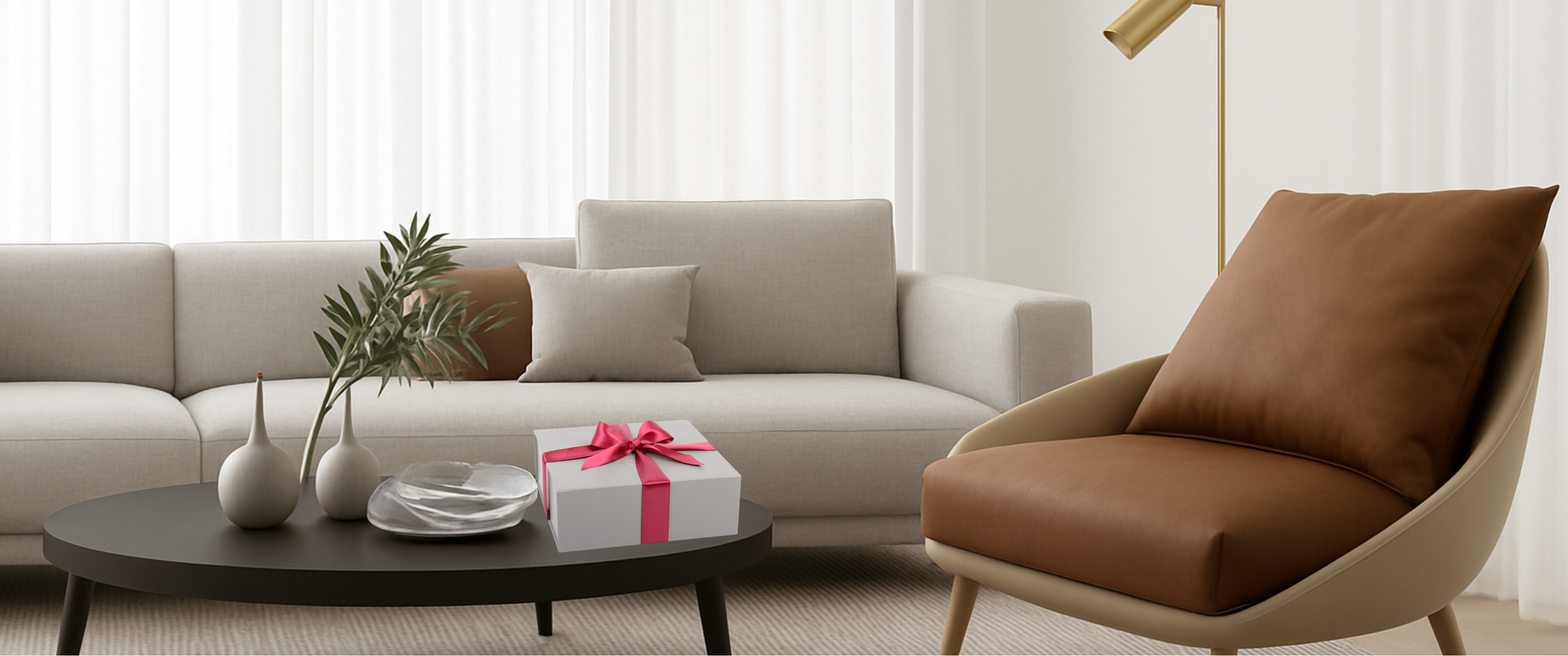 Modern living room with a beige sofa, brown armchair, and a small table with a gift box set on it.