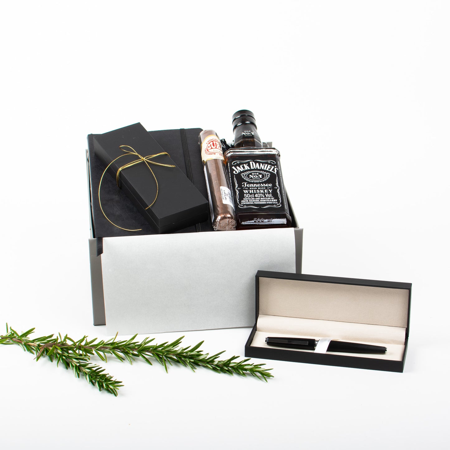 Pages & Pours gift box with Jack Daniel’s, whisky book, vellum notebook, luxury pen, and chocolate cigar, a refined gift for men in NZ