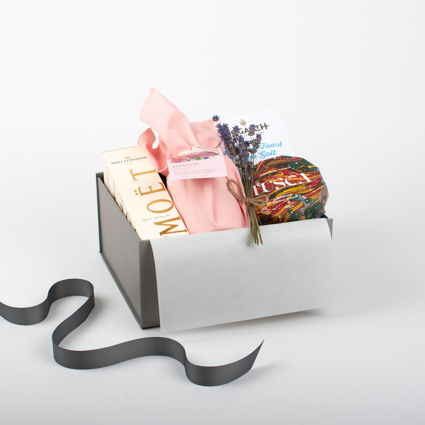 Luxury gift box for her with Moët Champagne, scented candle, and panforte – beautifully packaged and perfect for gifting NZ-wide