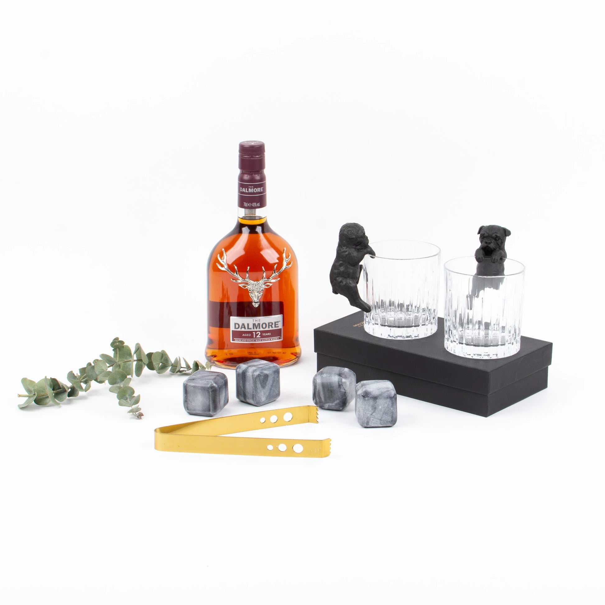 12 Year old Dalmore whisky, glasses, whisky stones and tong with ornamental bulldogs featured out of gift box.