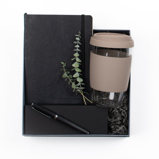 Gift box includes note book, rollerball pen, reusable cup.