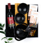 Gift box includes red wine, tea towel, savoury biscuits, olives, tapas dishes, small forks.