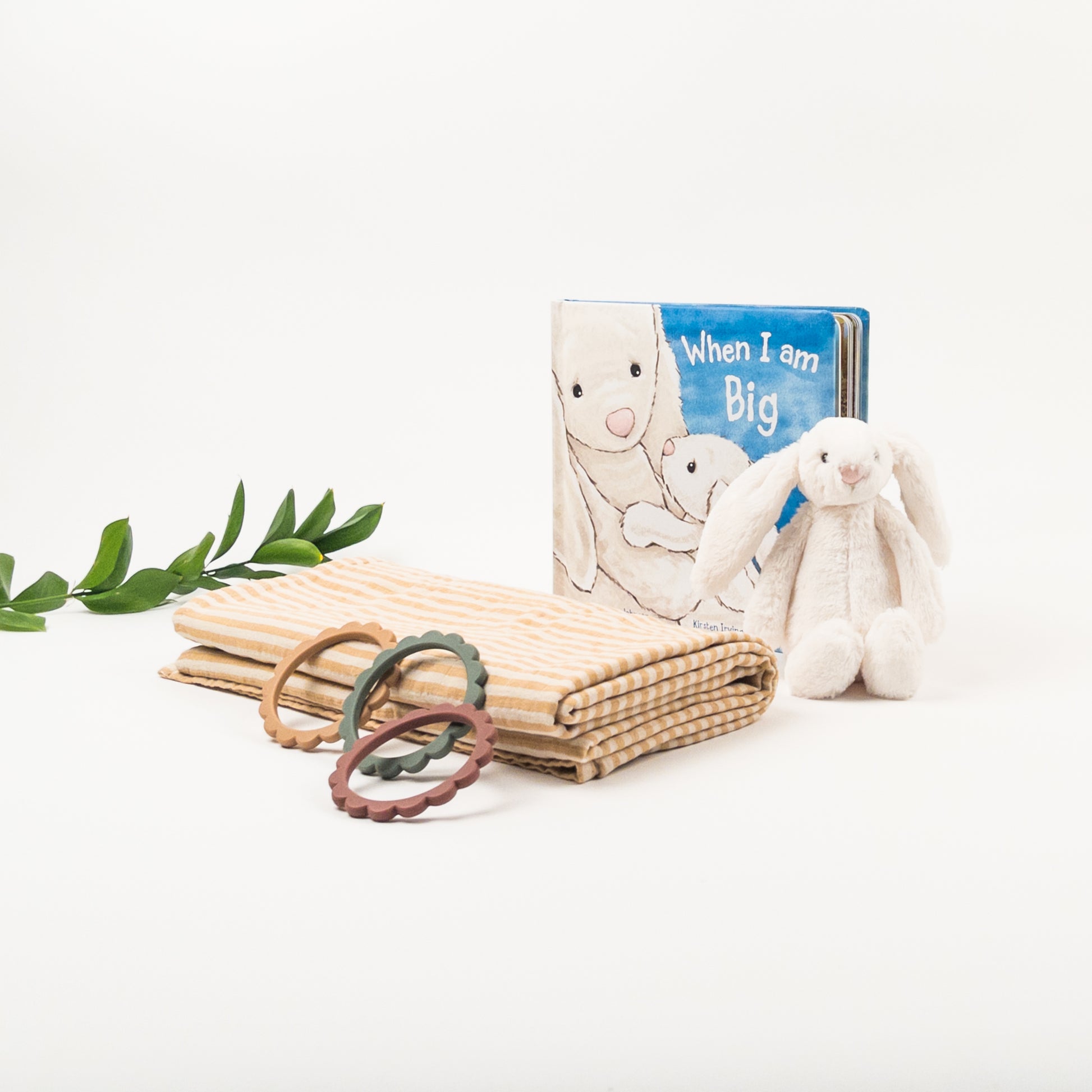 Products featured out of gift box are soft toy, book, swaddle, three teething rings.