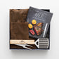 Gift box includes full leather apron, multi use BBQ tool, book.