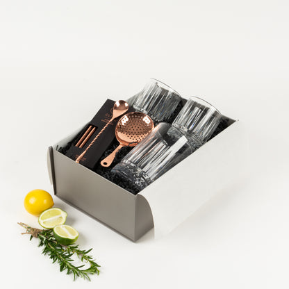 Included in this gift box are 2 glasses and mixer beaker, copper strainer and spoon with copper reusable straws.