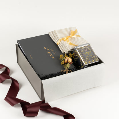 Wedding gift box with stylish guest book, artisan tea, and linen napkins. An  elegant gift for newlyweds NZ