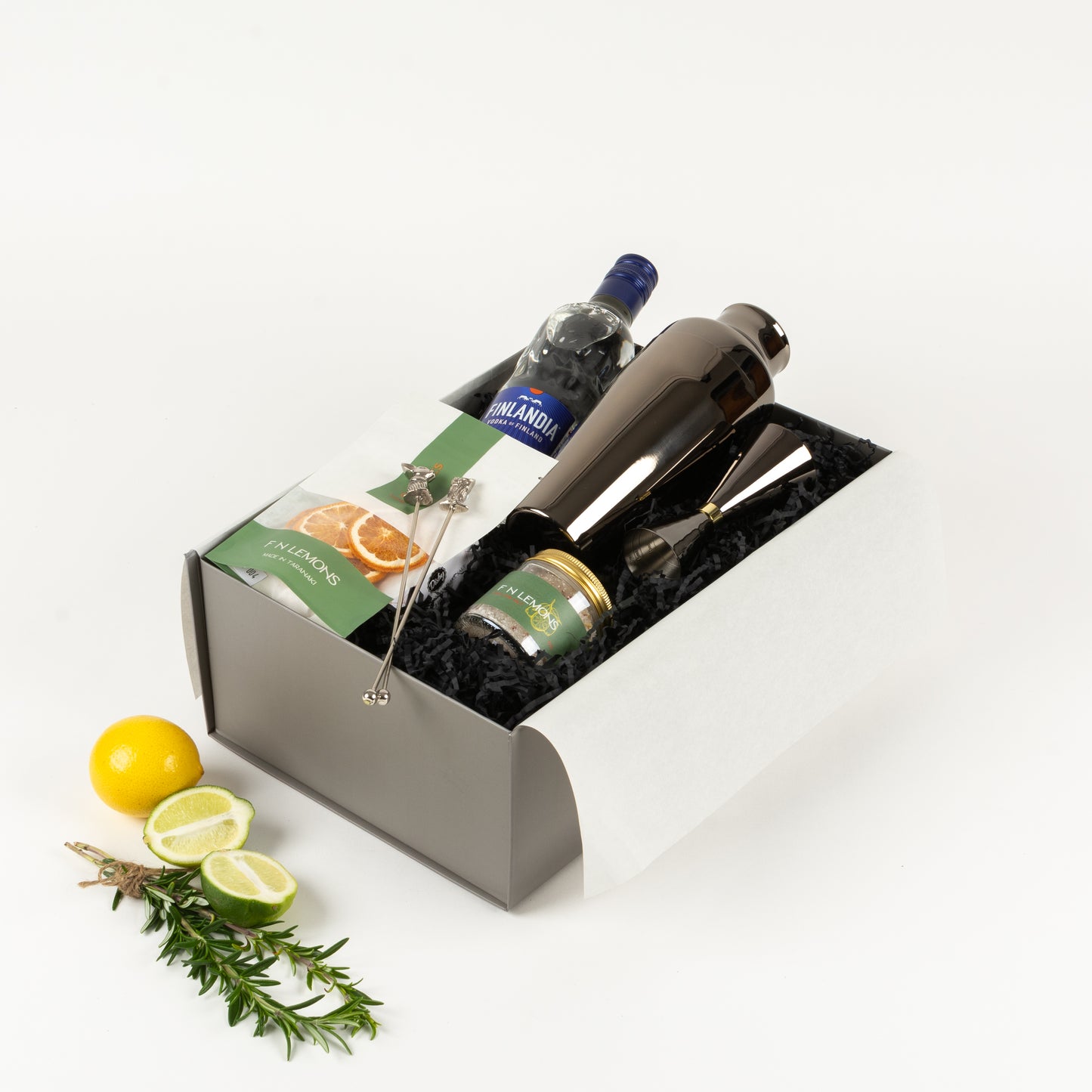 Barcart Basics - Gift Boxes NZ - Gifts of Distinction. Gift box features cocktail shaker and jigger.  Vodka, cocktail garnishes and swizzle sticks.